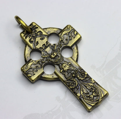 Carved cross 925 silver/brass necklace pendant, artistic cross jewelry, unique belief necklace-Craftsmen made - SATANHORN