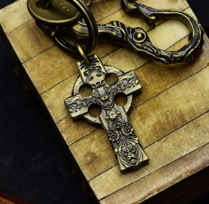 Carved cross 925 silver/brass necklace pendant, artistic cross jewelry, unique belief necklace-Craftsmen made - SATANHORN