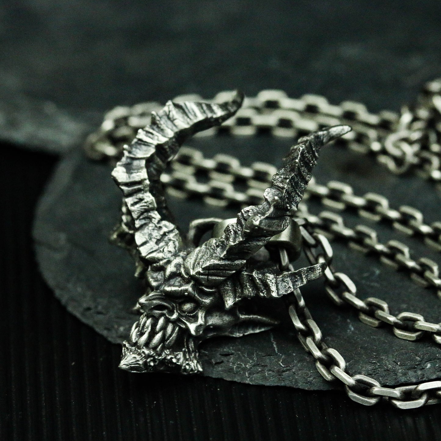 Horned Devil Skull 925 Silver Pendant Necklace, Gothic Men's Accessories Handmade Evil Silver Pendant Necklace-Craftsman Made