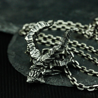 Horned Devil Skull 925 Silver Pendant Necklace, Gothic Men's Accessories Handmade Evil Silver Pendant Necklace-Craftsman Made - SATANHORN