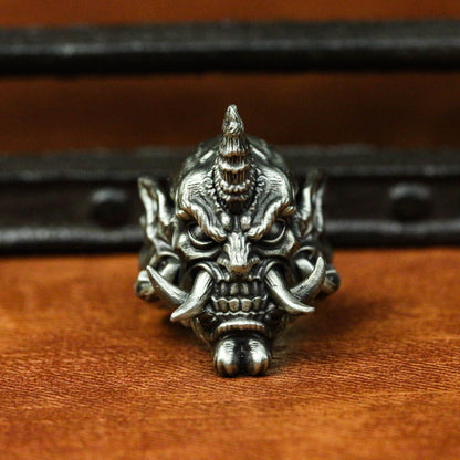 Devil silver ring, Prajna silver ring, Gothic skull silver ring, silver ghost ring, unihorn demon Satan men’s accessories-Craftsmen made - SATANHORN