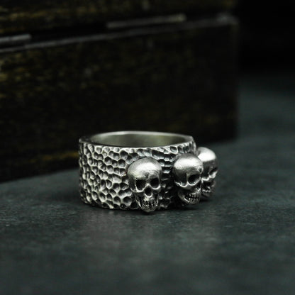 Three Skulls 925 Silver/Brass Ring, Skeleton Brothers Ring, Gothic Dark Ring-Craftsman made - SATANHORN