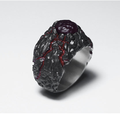 Textured 925 Silver Ring,Crackle Ring,Lava texture ring,Inlaid red agate ring,Unique Gift-Craftsman made - SATANHORN