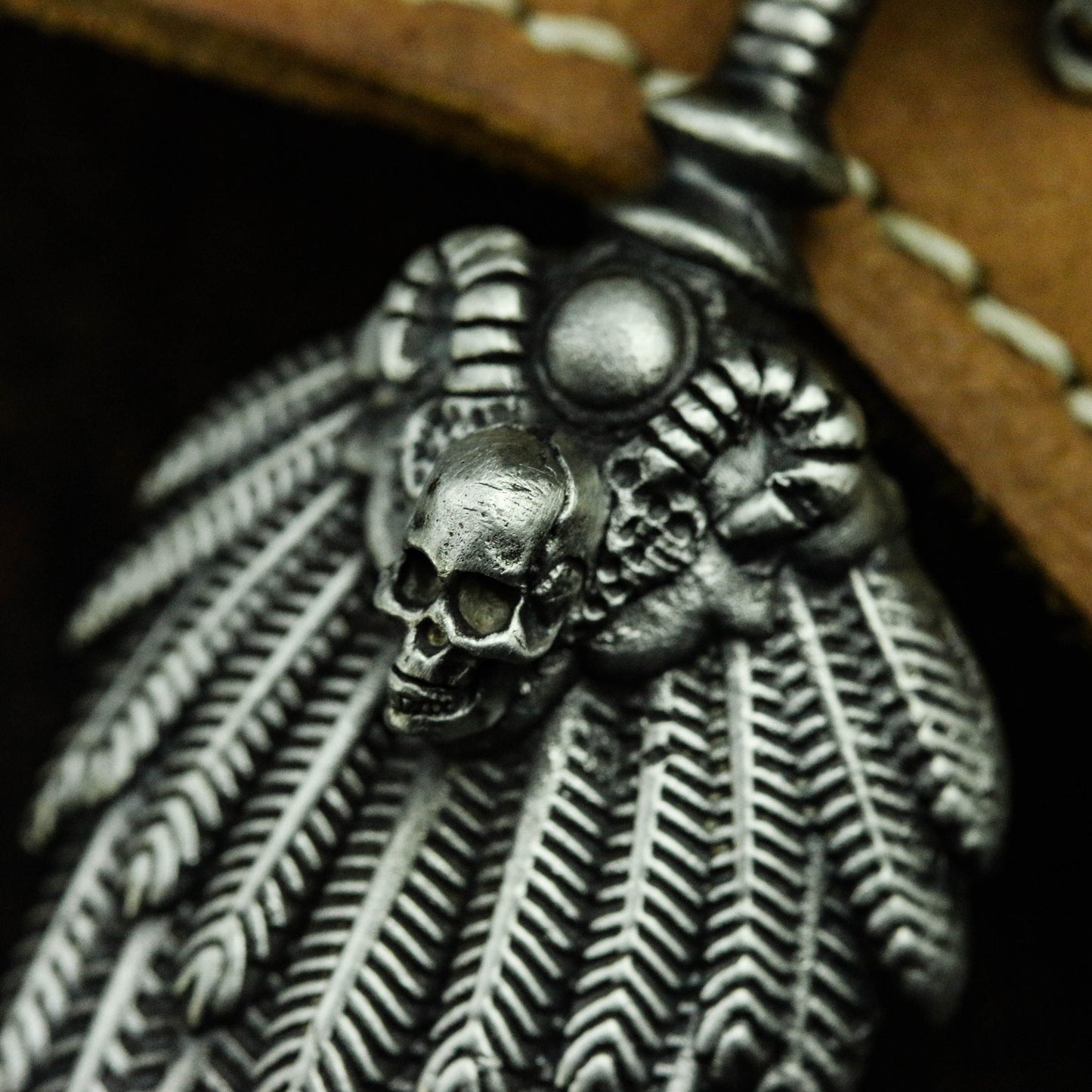 Skull feather fan 925 silver pendant necklace, skull personality pendant, unique sterling silver Gothic vintage handmade gift-craftsman made