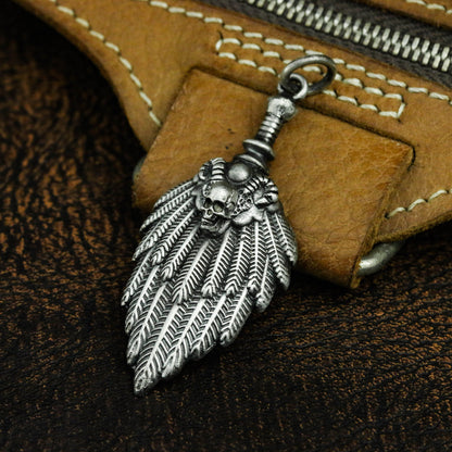 Skull feather fan 925 silver pendant necklace, skull personality pendant, unique sterling silver Gothic vintage handmade gift-craftsman made
