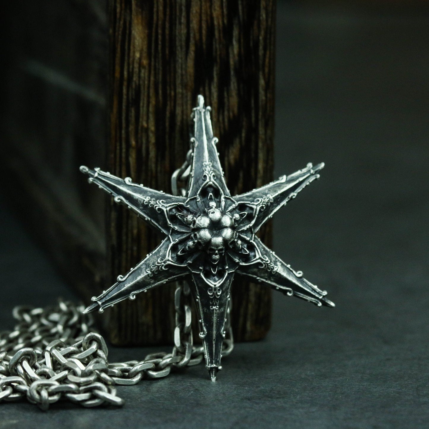 Gothic Hexagonal Star Skull 925 Silver Pendant Necklace, Starfish Patrick Star Necklace Pendant, Dark Men's Necklace-Craftsmen made