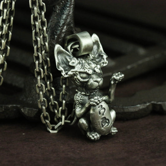 Lucky Cat Hairless Cat 925 Silver Pendant Necklace, Lucky Necklace Cat, Lucky Accessories, Pet Cat Pendant, Men's Accessories