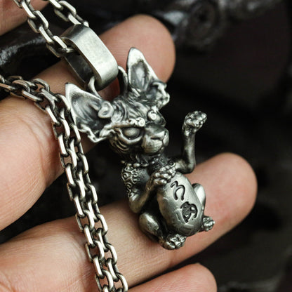 Lucky Cat Hairless Cat 925 Silver Pendant Necklace, Lucky Necklace Cat, Lucky Accessories, Pet Cat Pendant, Men's Accessories