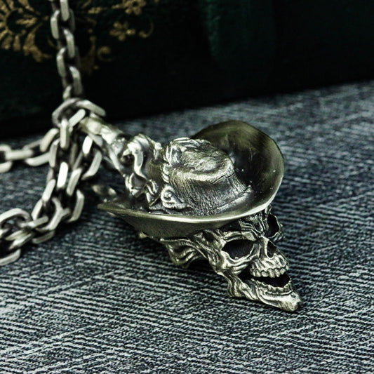 Cowboy hat skull 925 silver pendant necklace, pirate skull necklace, western cowboy pendant necklace, men's pendant necklace -Craftsman made