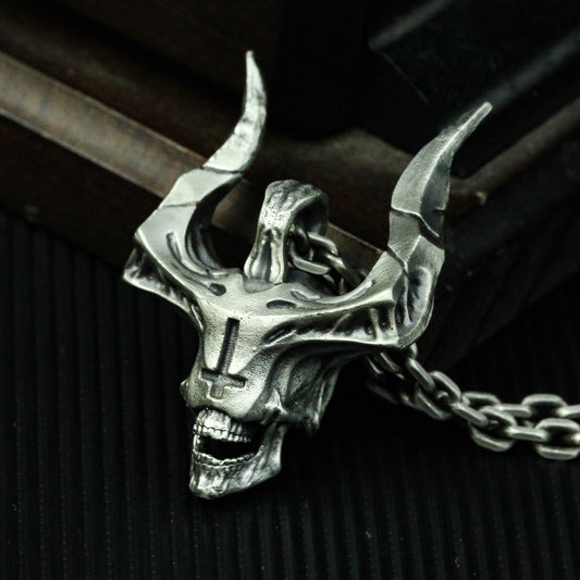 Medieval ankh horns skull 925 silver pendant necklace, creative horns skull jewelry men's accessory necklace-Craftsman Made