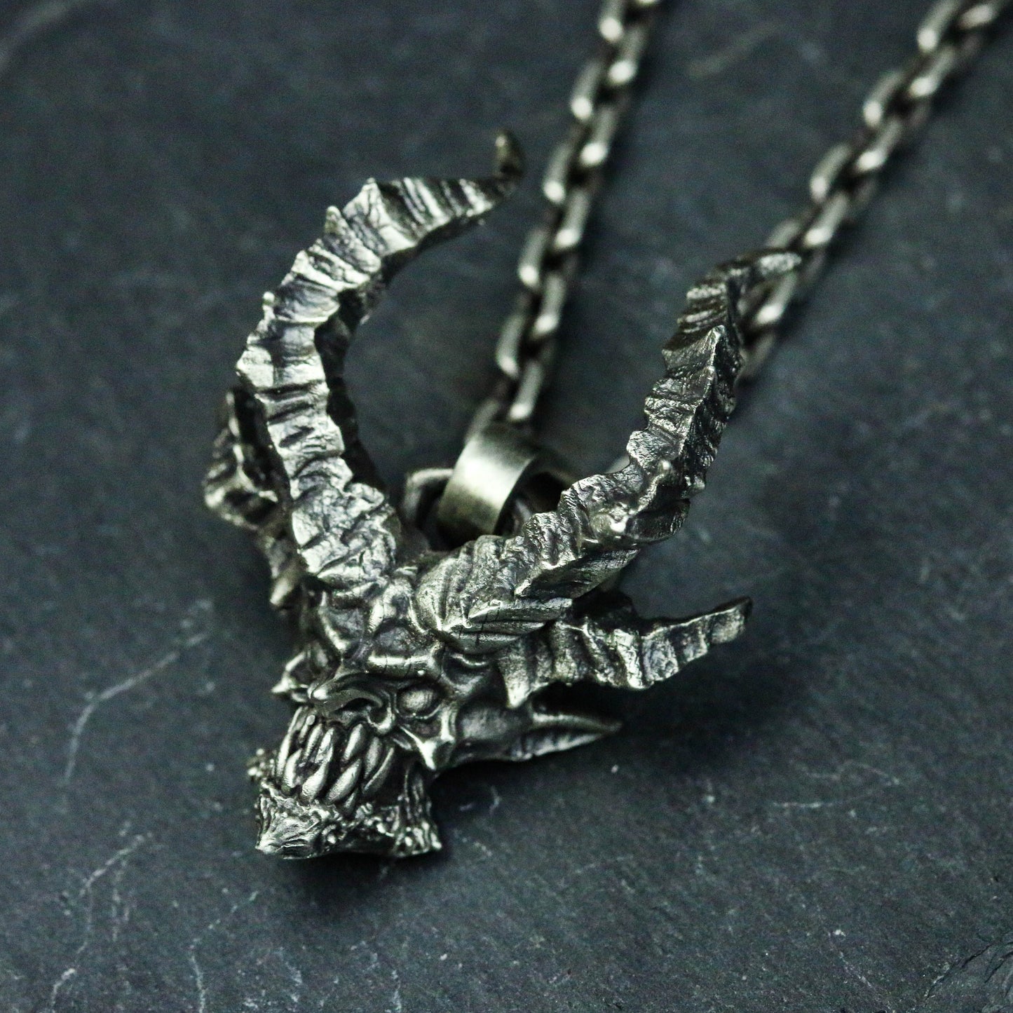 Horned Devil Skull 925 Silver Pendant Necklace, Gothic Men's Accessories Handmade Evil Silver Pendant Necklace-Craftsman Made