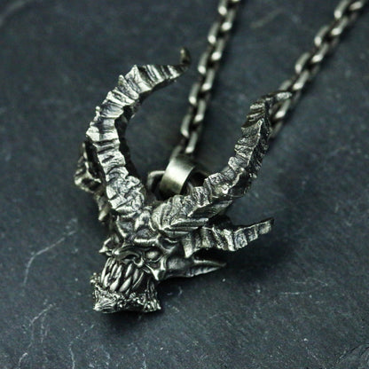 Horned Devil Skull 925 Silver Pendant Necklace, Gothic Men's Accessories Handmade Evil Silver Pendant Necklace-Craftsman Made - SATANHORN