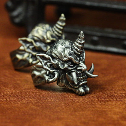 Devil silver ring, Prajna silver ring, Gothic skull silver ring, silver ghost ring, unihorn demon Satan men’s accessories-Craftsmen made - SATANHORN