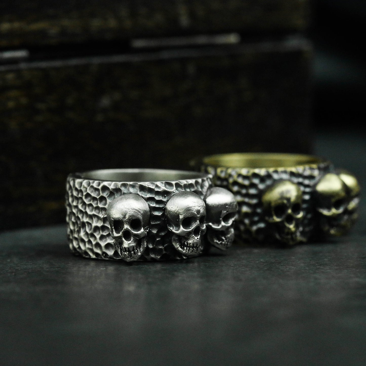 Three Skulls 925 Silver/Brass Ring, Skeleton Brothers Ring, Gothic Dark Ring-Craftsman made