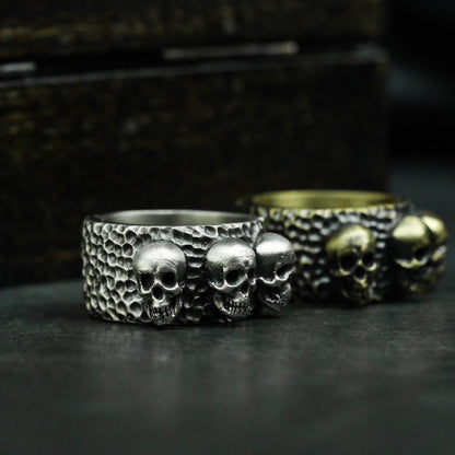 Three Skulls 925 Silver/Brass Ring, Skeleton Brothers Ring, Gothic Dark Ring-Craftsman made - SATANHORN