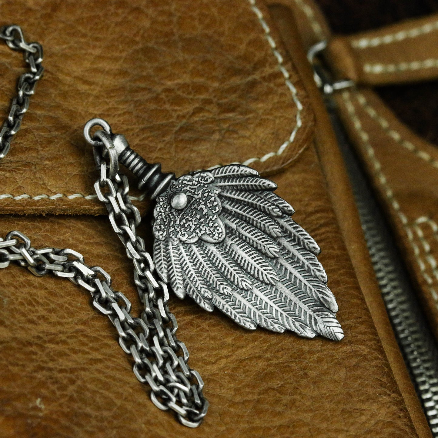 Skull feather fan 925 silver pendant necklace, skull personality pendant, unique sterling silver Gothic vintage handmade gift-craftsman made