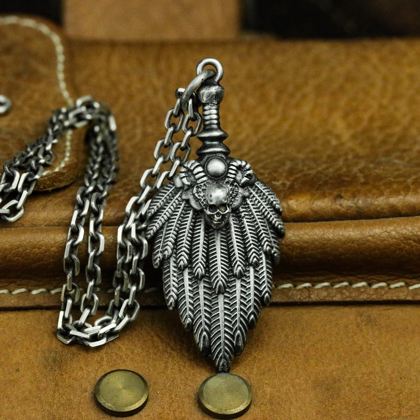 Skull feather fan 925 silver pendant necklace, skull personality pendant, unique sterling silver Gothic vintage handmade gift-craftsman made