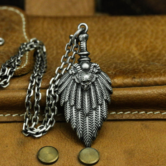 Skull feather fan 925 silver pendant necklace, skull personality pendant, unique sterling silver Gothic vintage handmade gift-craftsman made