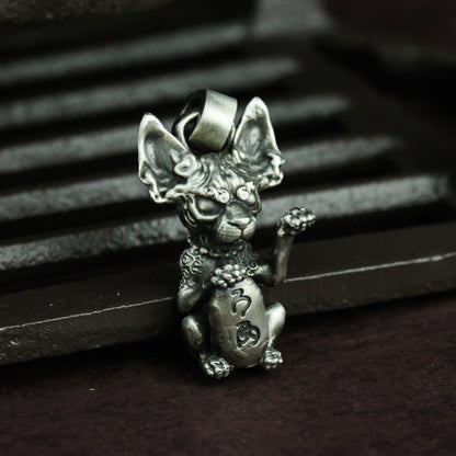 Lucky Cat Hairless Cat 925 Silver Pendant Necklace, Lucky Necklace Cat, Lucky Accessories, Pet Cat Pendant, Men's Accessories