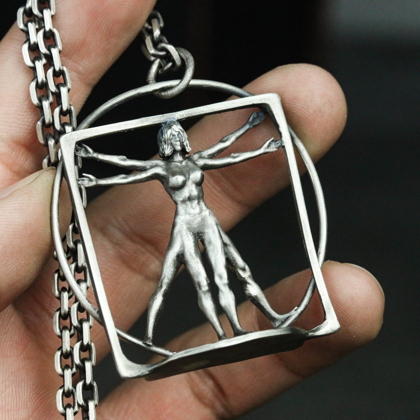 Da Vinci Vitruvian Man 925 Silver Pendant Necklace, Female Uomo vitruviano, Artist Silver Pendant, Human Pendant