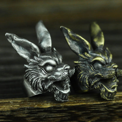 Rogue rabbit long-eared rabbit 925 silver ring, handmade silver ring, animal ring, men's ring, big ring, Gothic rabbit ring - SATANHORN