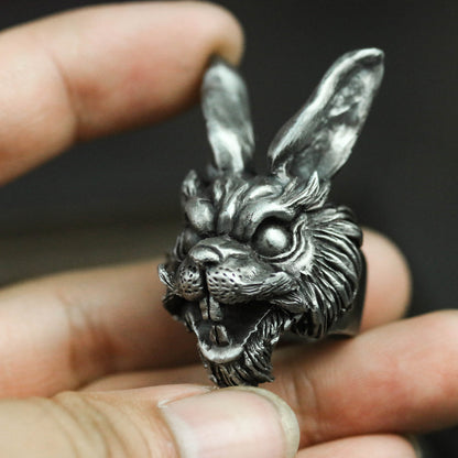 Rogue rabbit long-eared rabbit 925 silver ring, handmade silver ring, animal ring, men's ring, big ring, Gothic rabbit ring - SATANHORN