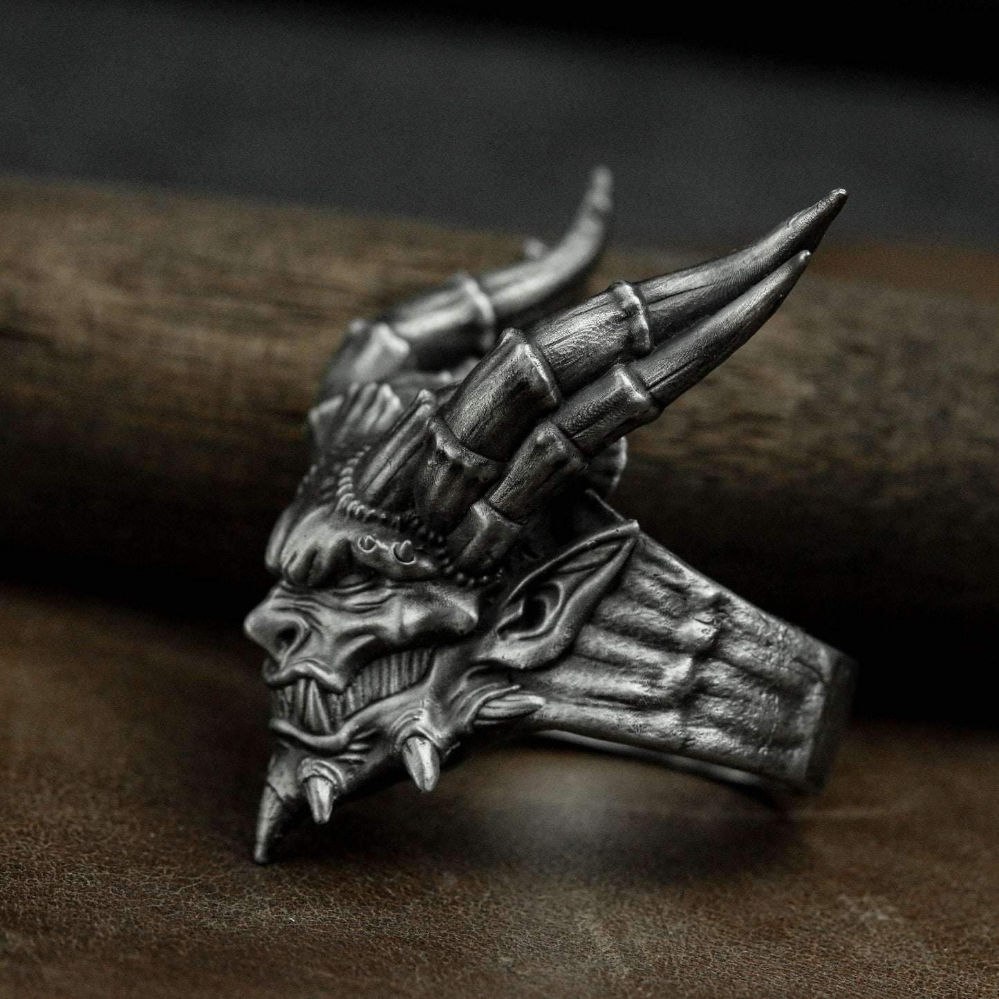 Horned Satanic 925 Silver Ring, Satanic Ring, Men's Motorcycle Ring, Gift for Him-Craftsman made