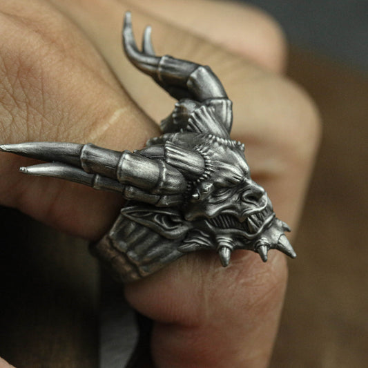 Horned Satanic 925 Silver Ring, Satanic Ring, Men's Motorcycle Ring, Gift for Him-Craftsman made