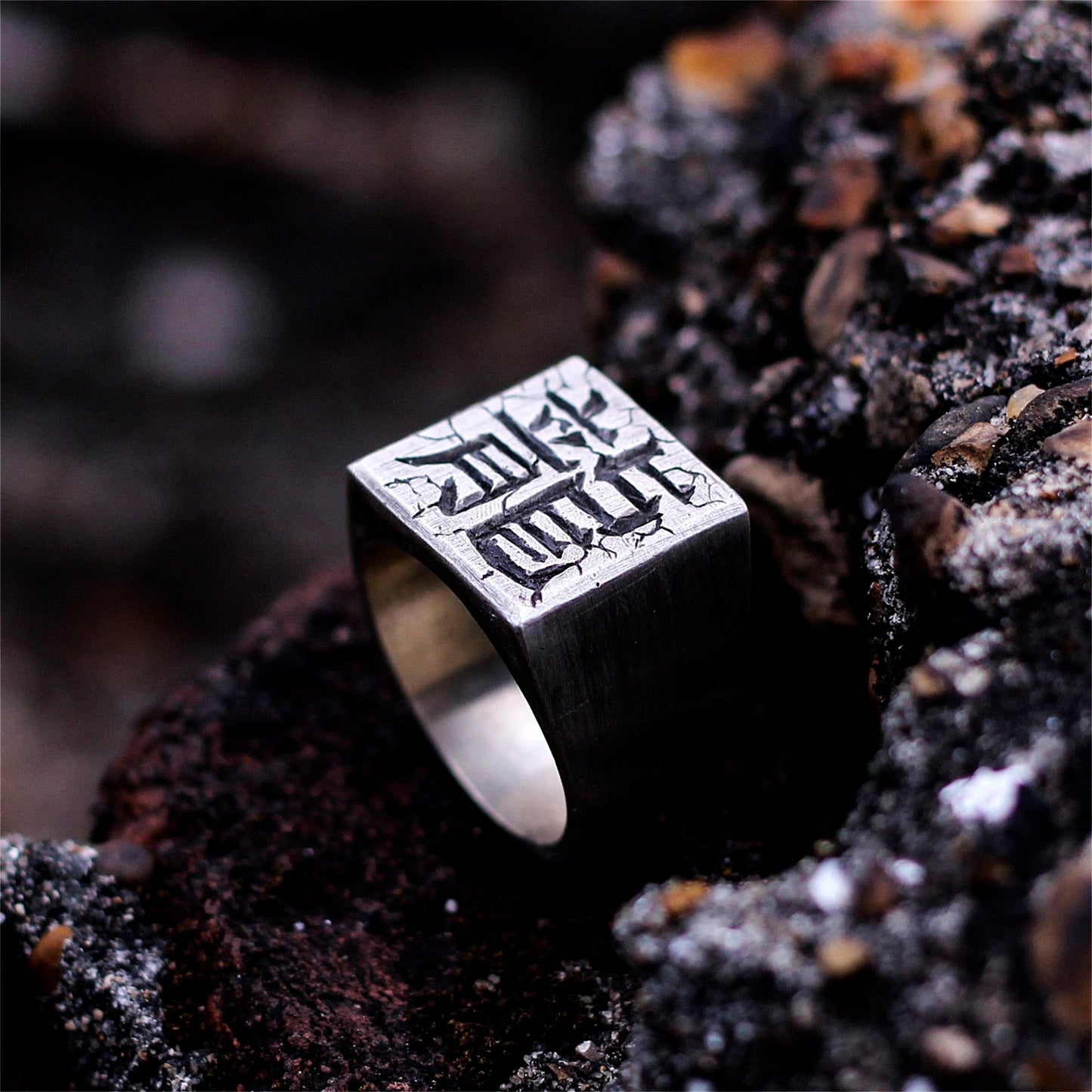 Engraving carved square 925 silver ring, Chinese character ring, letter ring, square silver ring, men's ring, crack ring