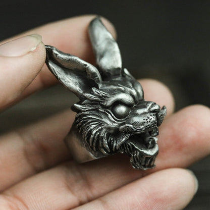 Rogue rabbit long-eared rabbit 925 silver ring, handmade silver ring, animal ring, men's ring, big ring, Gothic rabbit ring - SATANHORN