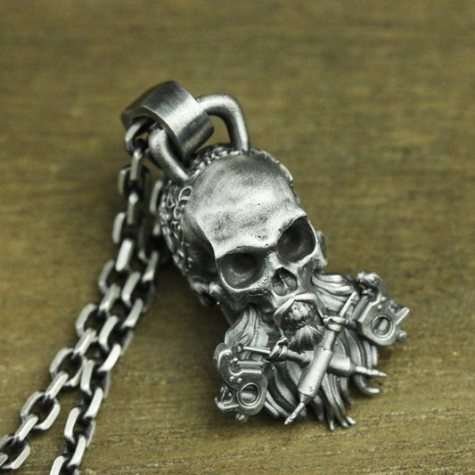 Gothic skull 925 silver pendant necklace, Gothic dark style silver pendant, Tattoo Punk Skull Necklace-Craftsmen made