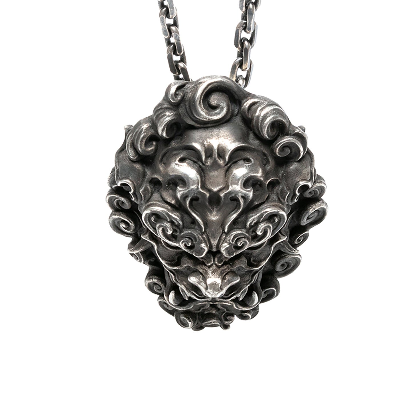 Chinese Style Lion Silver Pendant Necklace|Chinese Buddhist Jewelry|Good Luck Pendant|Lion Head Pendant|Men's Jewelry