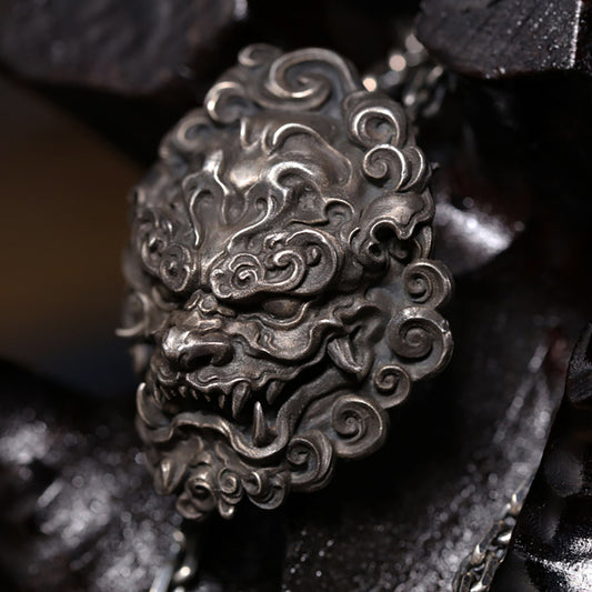 Chinese Style Lion Silver Pendant Necklace|Chinese Buddhist Jewelry|Good Luck Pendant|Lion Head Pendant|Men's Jewelry