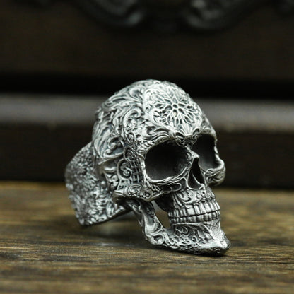 Textured carved skull 925 silver ring, pattern skull ring, unique skull, handmade personalized ring - Craftsman made - SATANHORN
