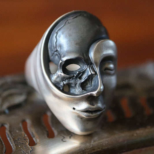 925 Sterling Silver Yin Yang Face Ring, Half Skull Face Ring, Art Deco Style, Double Skull Ring, Men's Ring, Gift For Him - Handmade