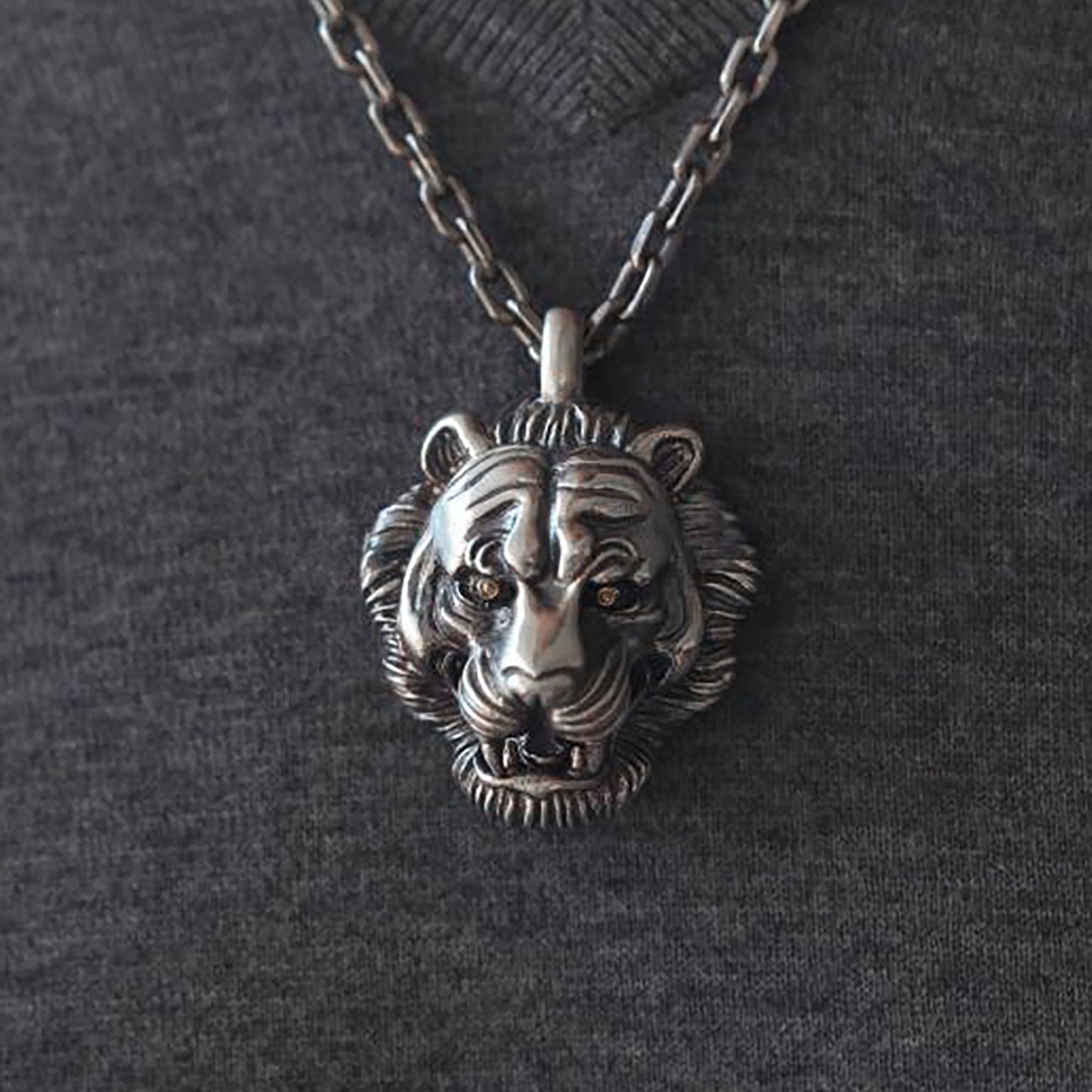 Tiger Head Silver Men's Necklace-Wild Tiger Silver Men's Necklace-Angry Tiger Necklace-Husband Silver Necklace Gift