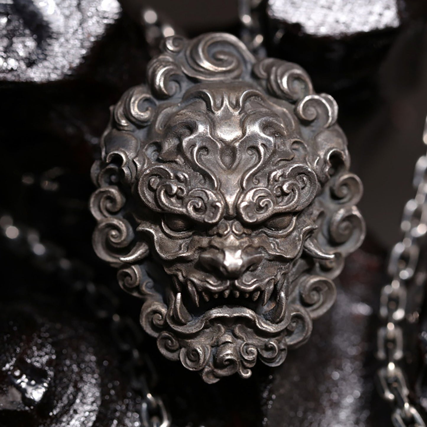 Chinese Style Lion Silver Pendant Necklace|Chinese Buddhist Jewelry|Good Luck Pendant|Lion Head Pendant|Men's Jewelry