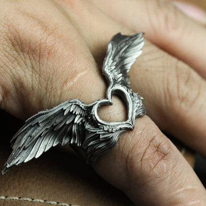 Love angel silver ring, wings silver ring, love ring couple confession gift handmade ring - SATANHORN