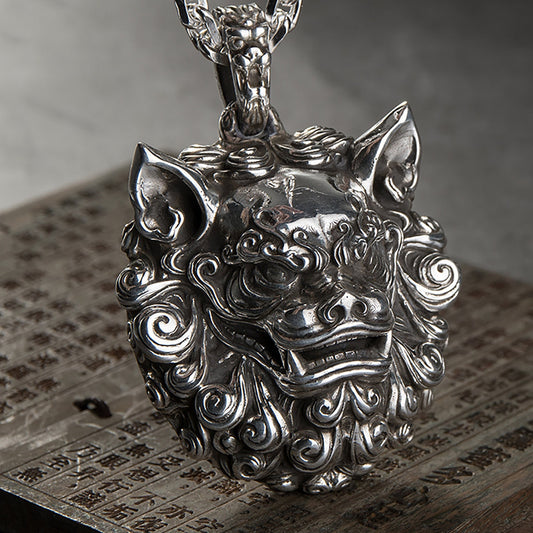 925 sterling silver Chinese brave pendant necklace, Chinese Tang lion necklace, lion lucky necklace, men's necklace - handmade