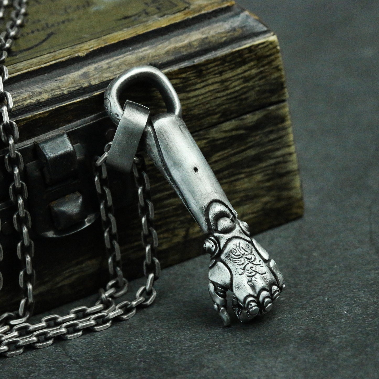 Mechanical Arm Necklace-925 Silver Handmade-Carved Texture Pendant Necklace-Robot Iron Fist Pendant