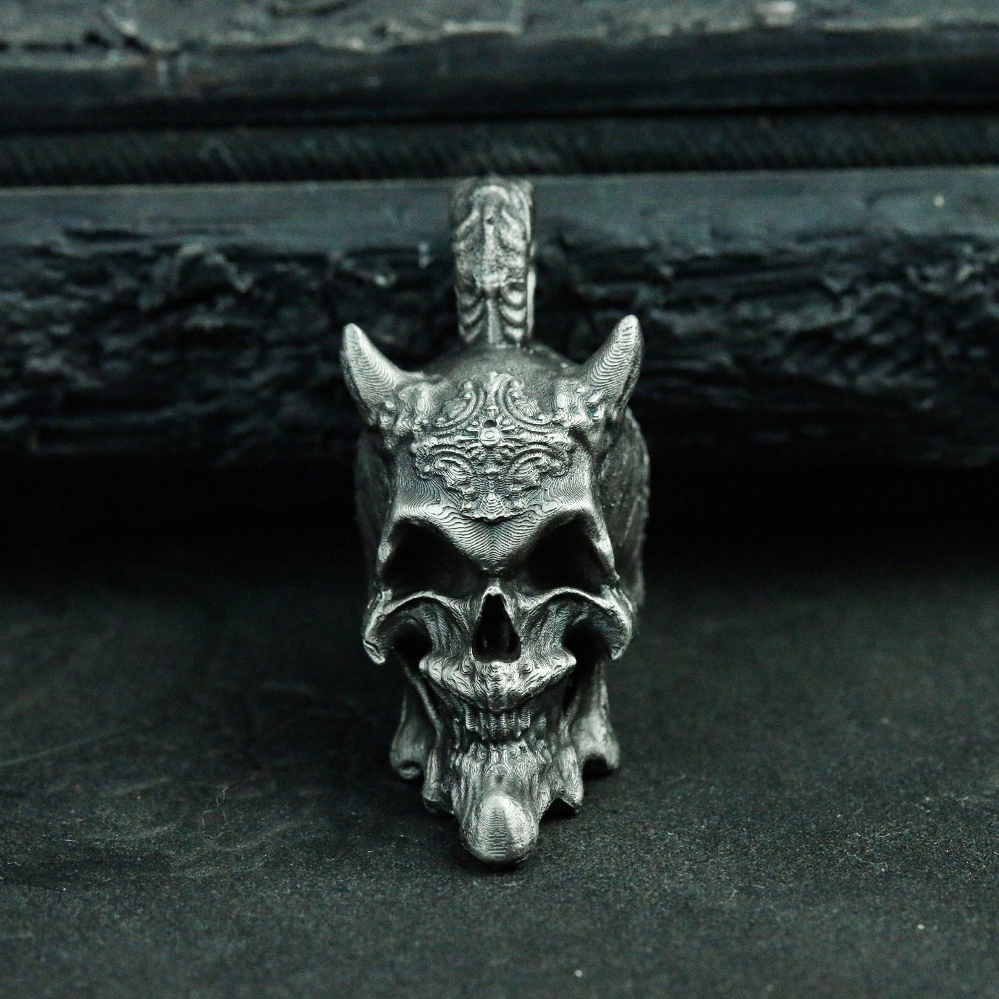 Smiley skull 925 silver pendant necklace, horned skull demon necklace, weird totem dark handmade jewelry