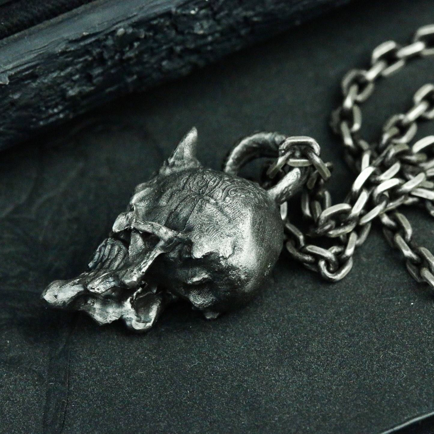 Smiley skull 925 silver pendant necklace, horned skull demon necklace, weird totem dark handmade jewelry