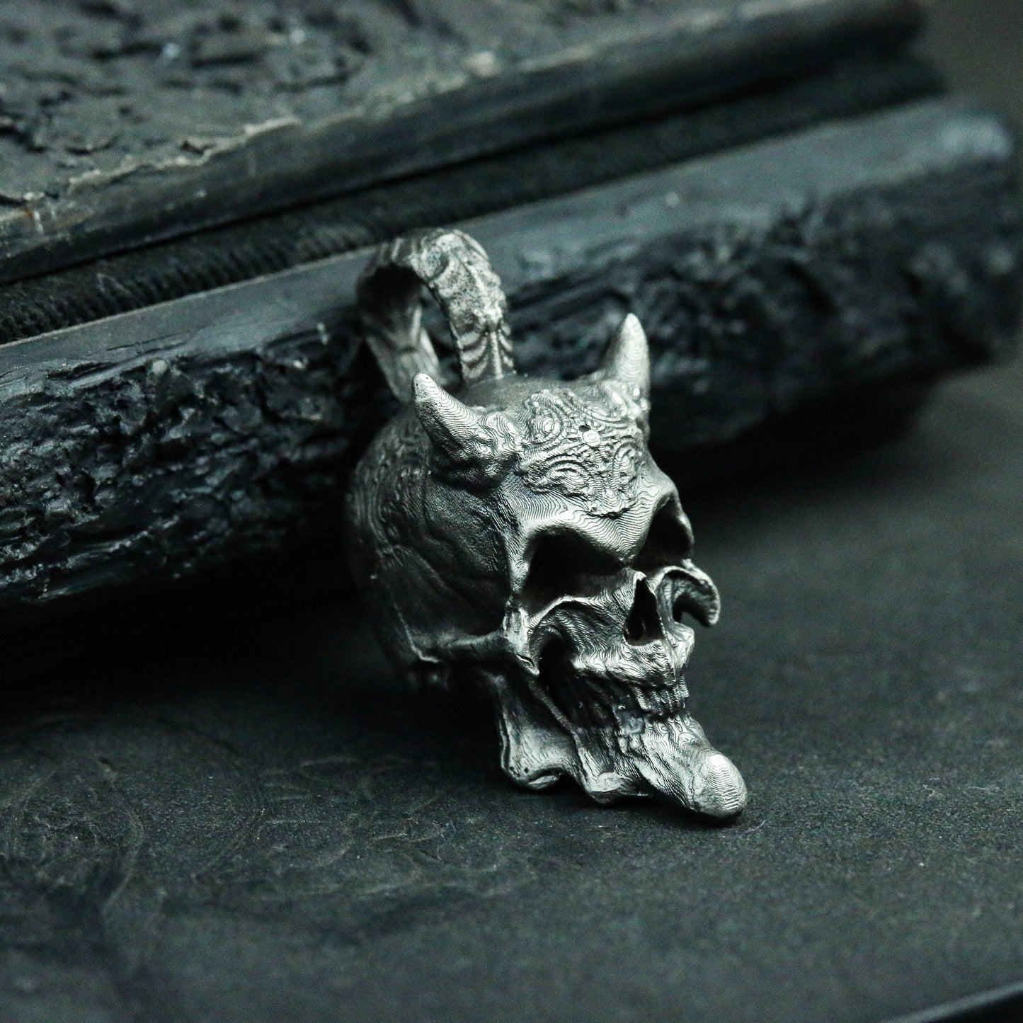 Smiley skull 925 silver pendant necklace, horned skull demon necklace, weird totem dark handmade jewelry