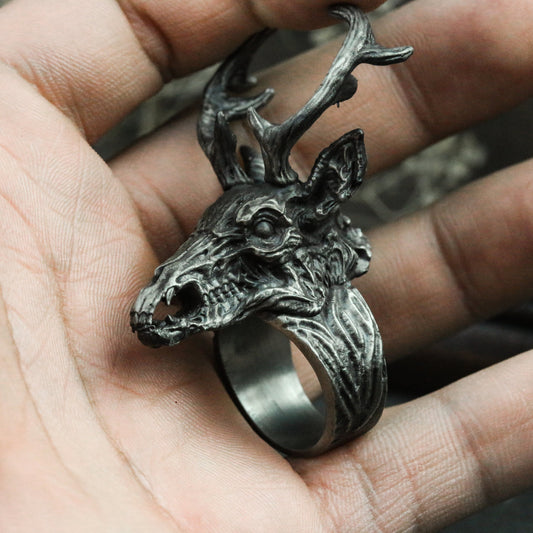 Deer Withered Bone 925 Silver Ring, Black Silver Ring, Animal Skull, Skull Deer Ring, Gothic Dark Ring