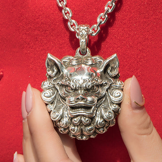 925 sterling silver Chinese brave pendant necklace, Chinese Tang lion necklace, lion lucky necklace, men's necklace - handmade