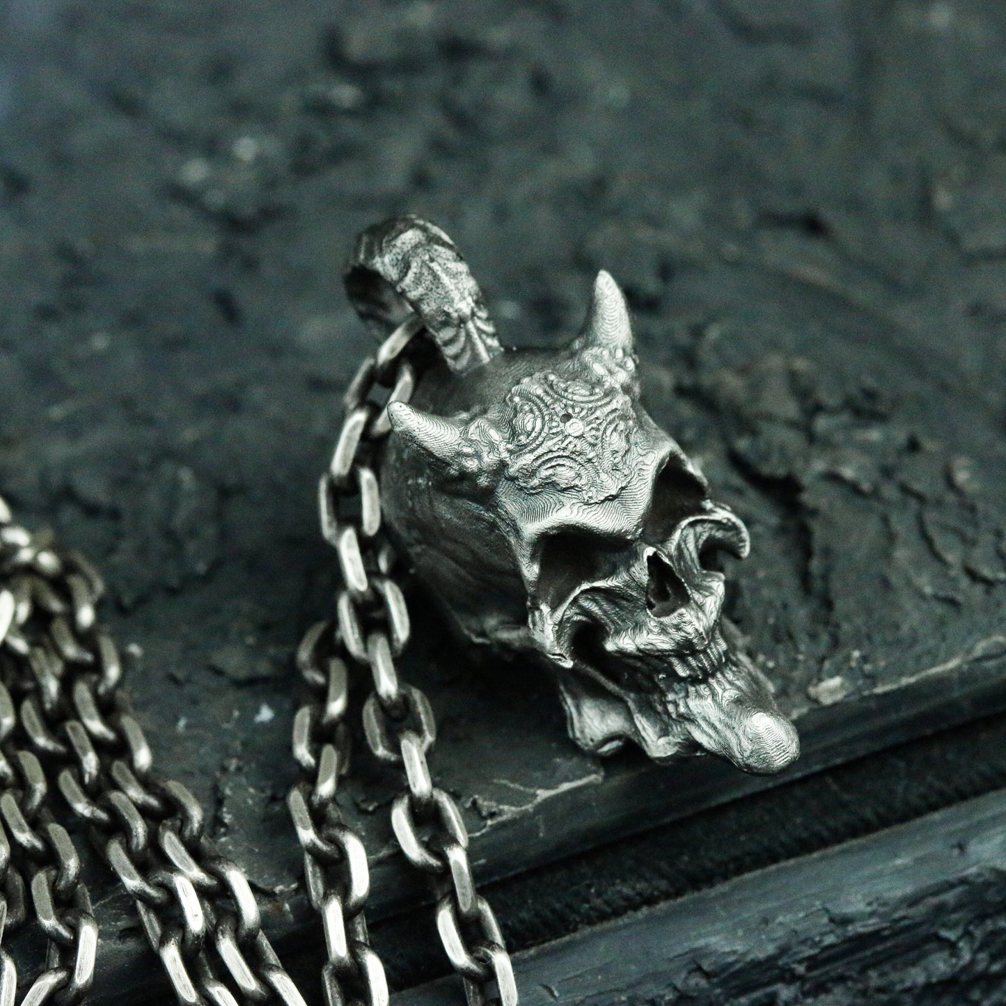 Smiley skull 925 silver pendant necklace, horned skull demon necklace, weird totem dark handmade jewelry