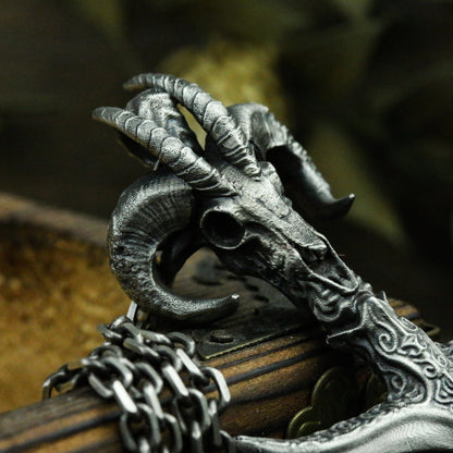 Skull boat anchor 925 silver pendant necklace, sheep skull animal necklace pendant, vintage creative personalized silver necklace gift - SATANHORN