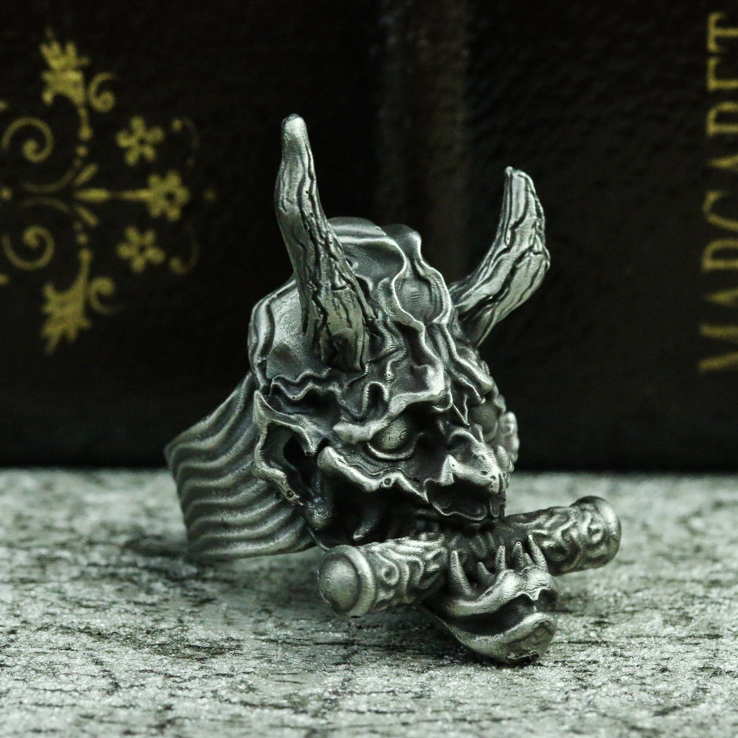 Prajna sutra 925 silver ring, ghost face Prajna Japanese ghost silver ring, horns demon ring handmade gift