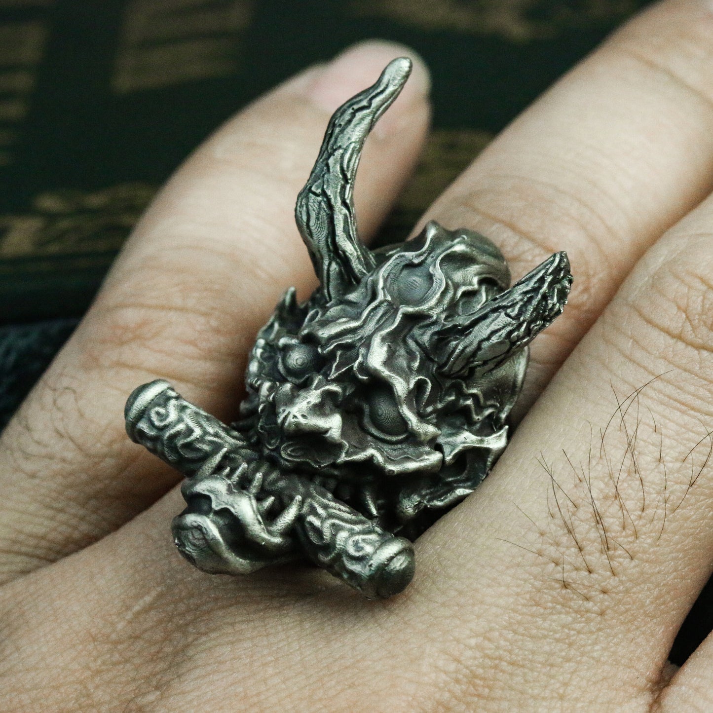 Prajna sutra 925 silver ring, ghost face Prajna Japanese ghost silver ring, horns demon ring handmade gift