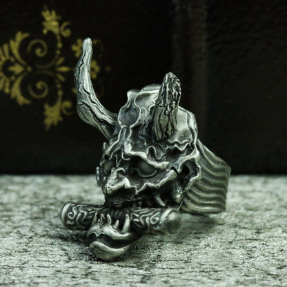 Prajna sutra 925 silver ring, ghost face Prajna Japanese ghost silver ring, horns demon ring handmade gift - SATANHORN